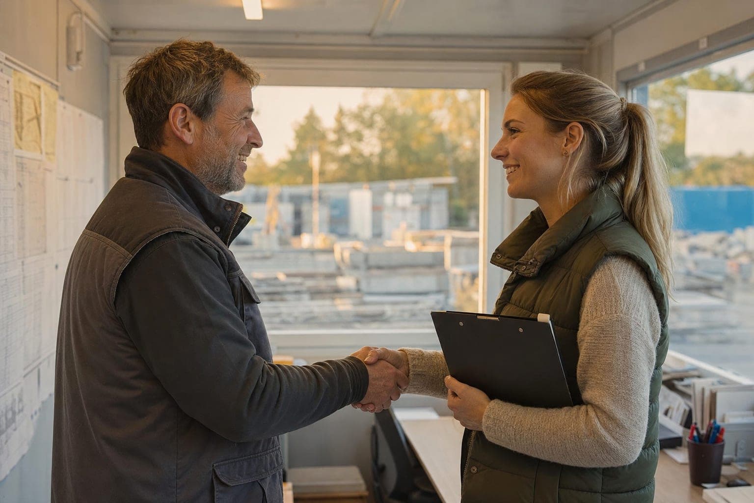Geschäftsführer begrüßt eine neue Mitarbeiterin per Handschlag